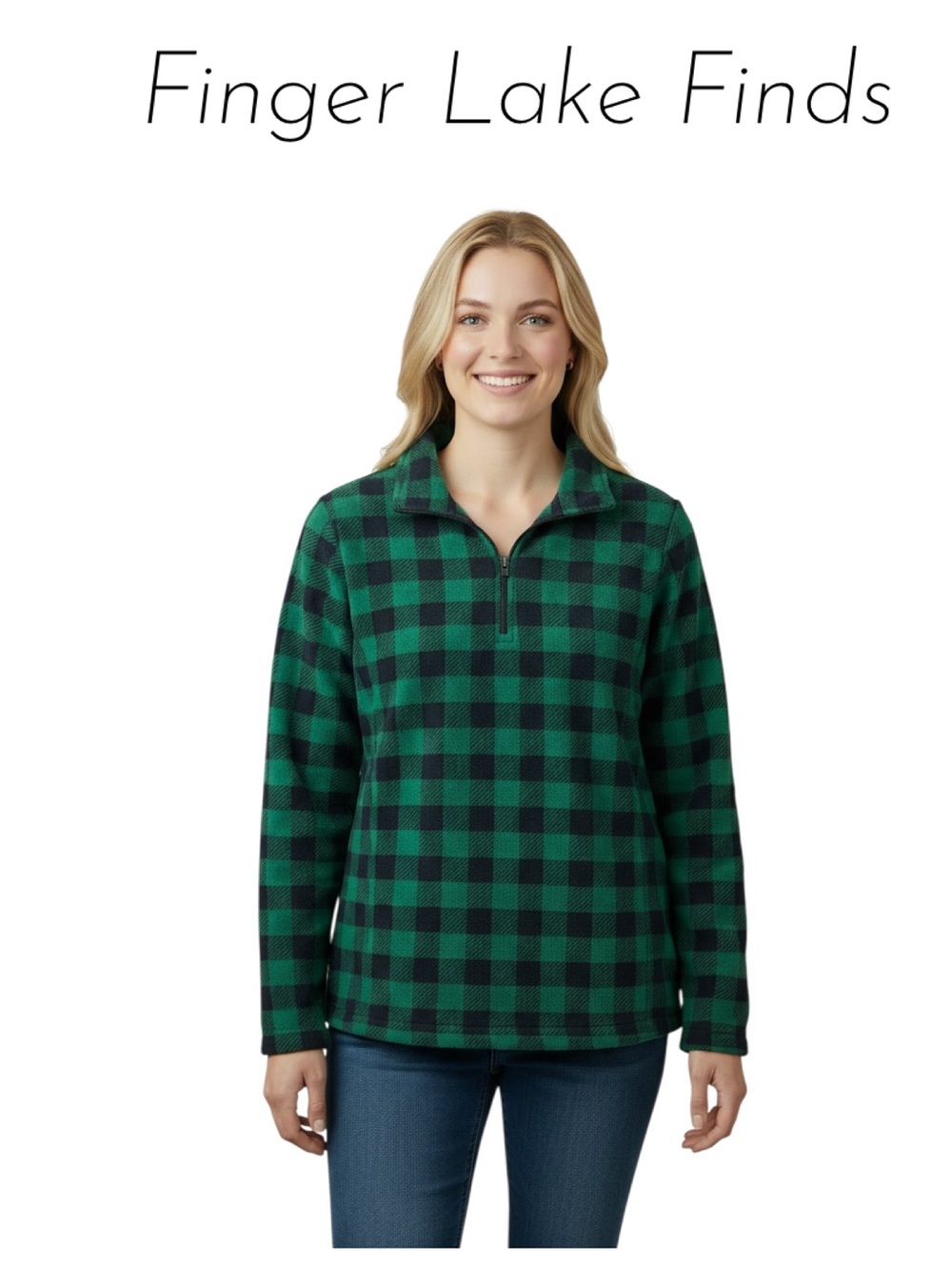 Lands End Green and Black Checkered 1/4 Zip Fleece Pullover, S